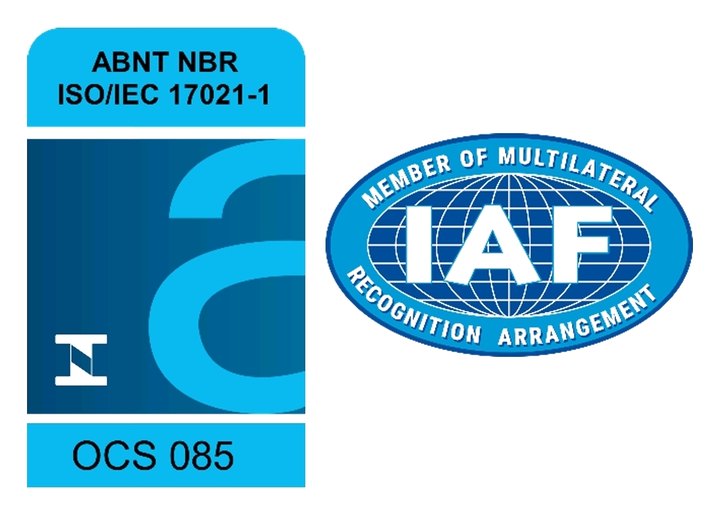 Selo de certificação ISO 9001 — ABNT NBR ISO/IEC 17021-1, OCS 085, membro IAF